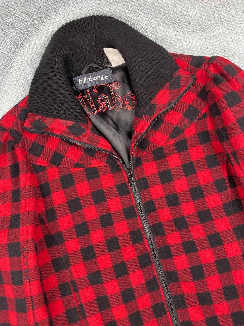 Vintage Billabong Buffalo Plaid Bomber Jacket Womens L ? Wool Blend Satin Lined